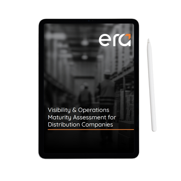 Cover image of a tablet displaying the document &ldquo;Visibility Maturity Assessment for Distribution Companies,&rdquo; featuring the Era logo and a blurred warehouse background.