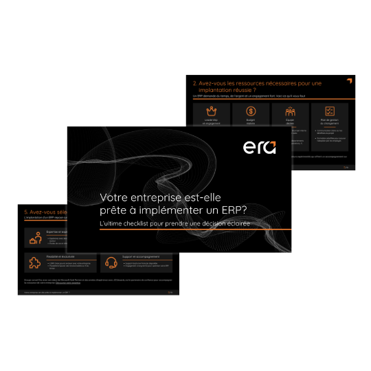 Couverture du guide “Votre entreprise est-elle prête à implanter un ERP ? La checklist ultime pour prendre une décision éclairée”, publié par Groupe conseil Era.