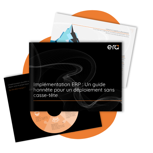 Couverture du guide ERP intitulé “Un guide honnête pour un déploiement ERP sans casse-tête”, publié par Groupe conseil Era.