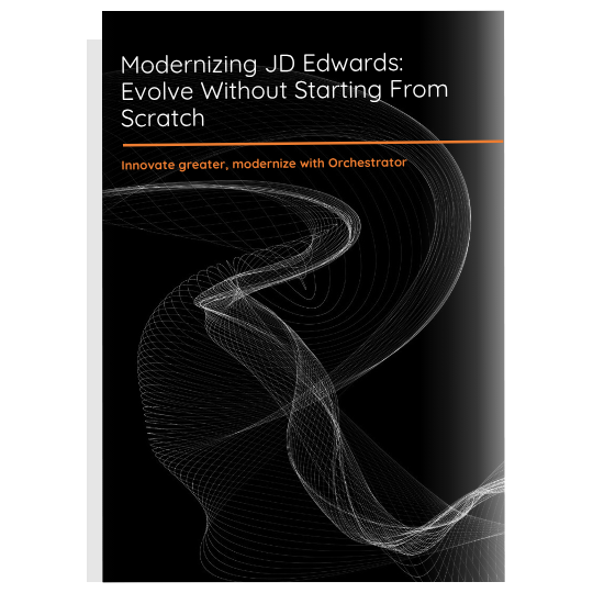 Cover of the JD Edwards & Modernization Guide titled ‘Modernizing JD Edwards: Evolve Without Starting From Scratch’, promoting Orchestrator as a modernization solution.