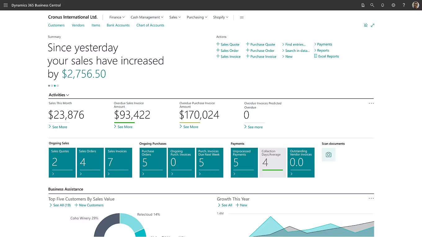 Microsoft Dynamics 365 Business Central dashboard showing cash flow, total receivables, total payables, and a monthly financial performance graph.