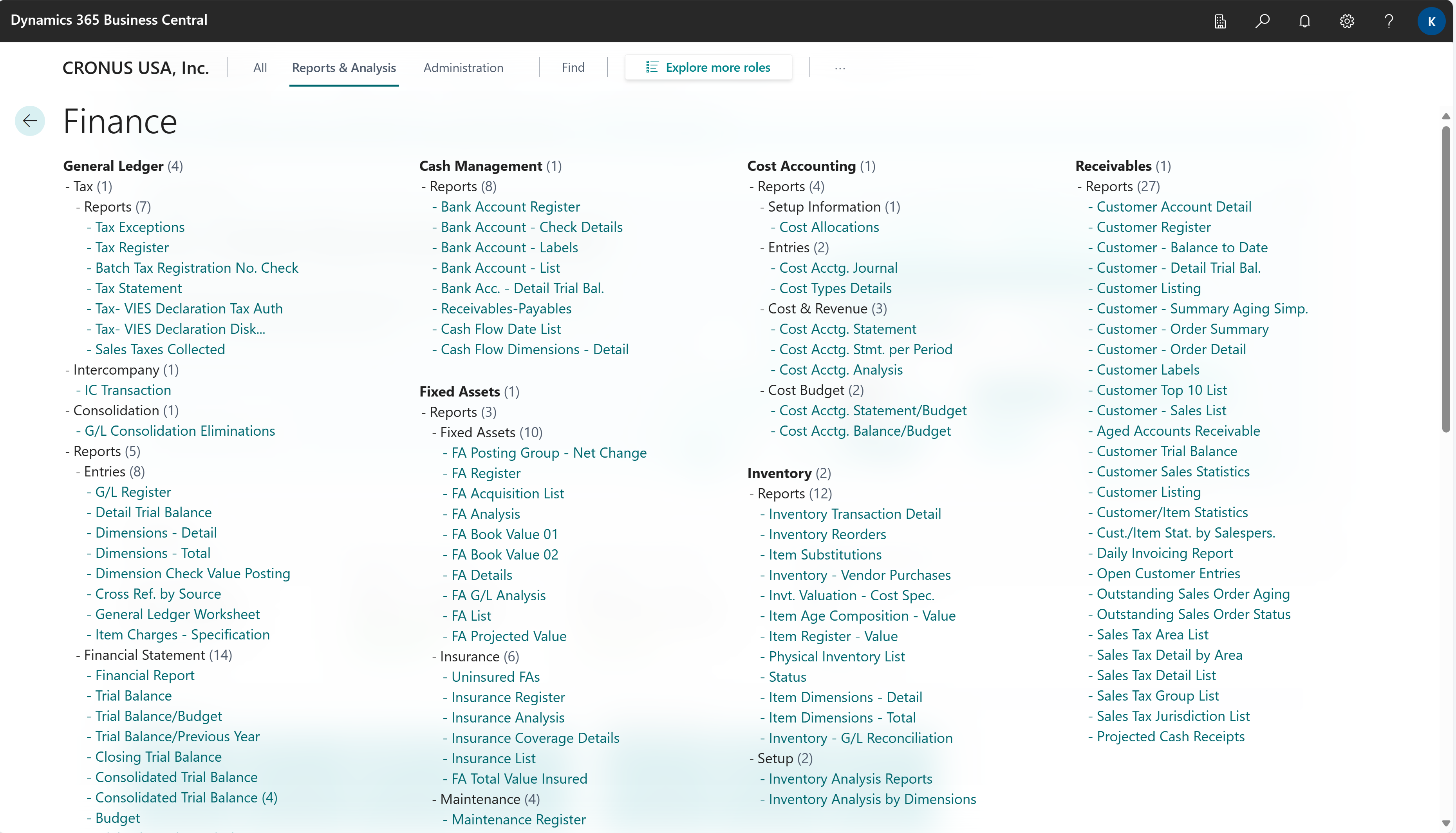 Aperçu du tableau de bord des fonctions de conformité et de reporting dans Microsoft Dynamics 365 Business Central, incluant rapports fiscaux, comptables et d’inventaire.