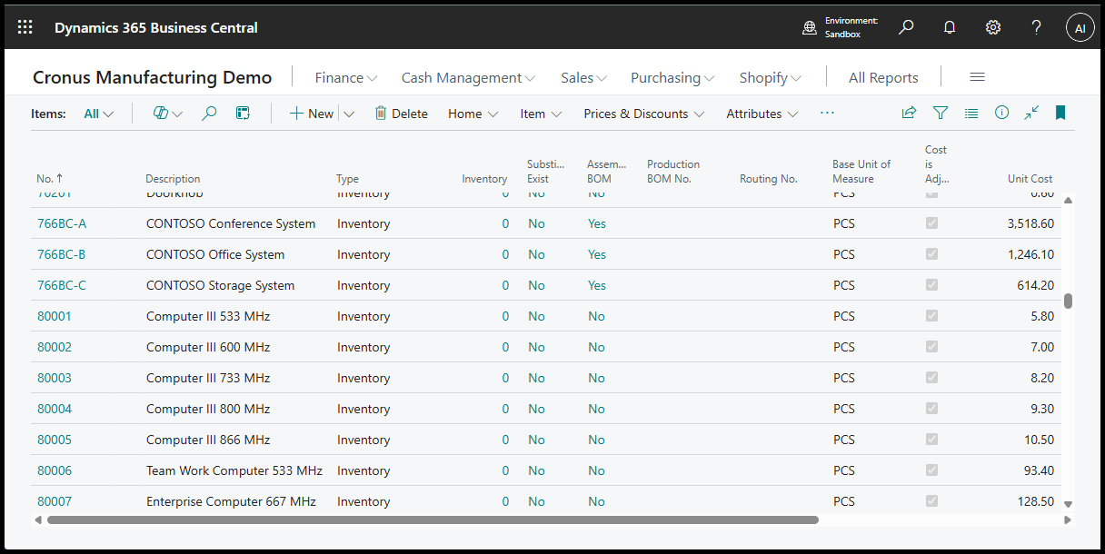 Liste des articles d’inventaire dans Microsoft Dynamics 365 Business Central, montrant une visibilité en temps réel des stocks, des coûts unitaires et des configurations produits.
