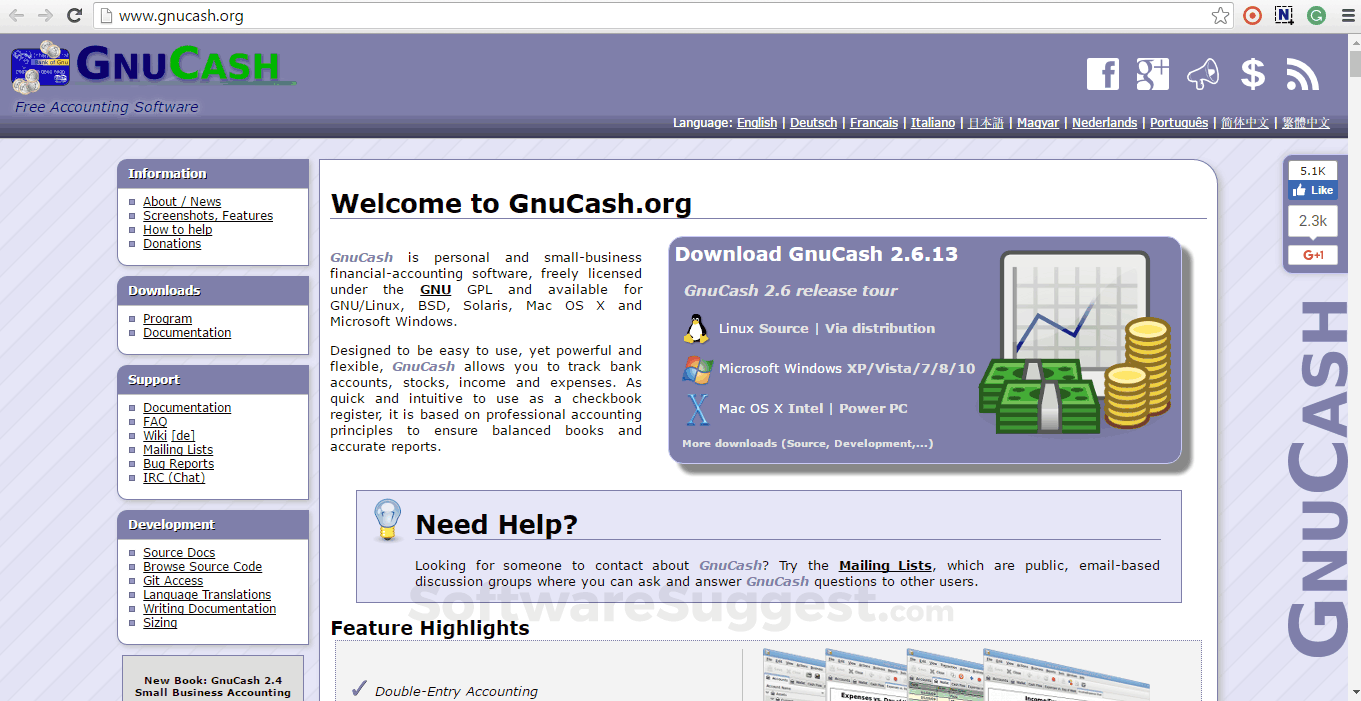 GnuCash home interface with classic layout showing menu options, documentation links, downloads, and accounting feature highlights.
