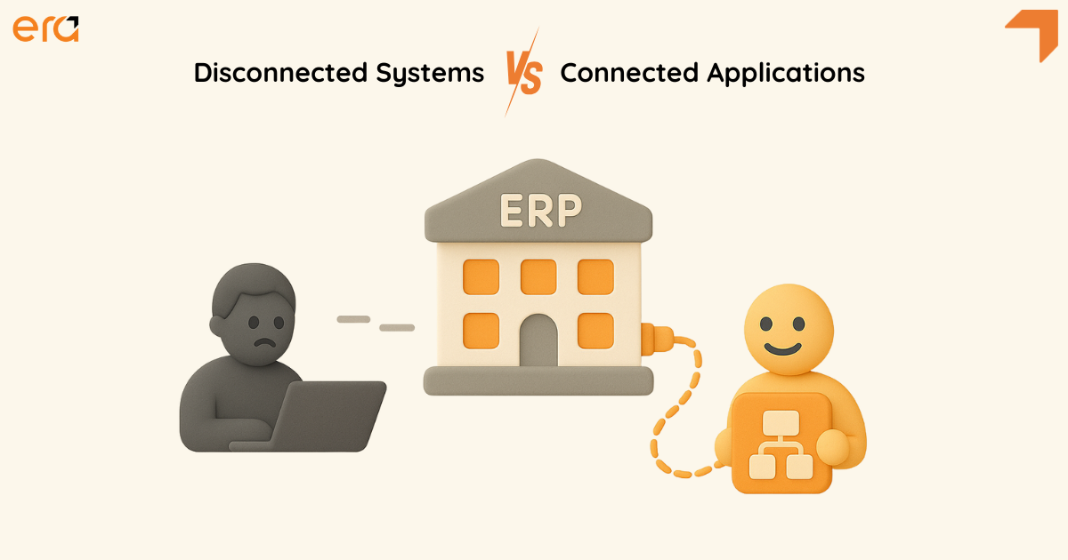 Visual comparison of a disconnected system (frustrated user at a laptop) vs. an ERP connected to a business app (happy user). 3D clay-style illustration.