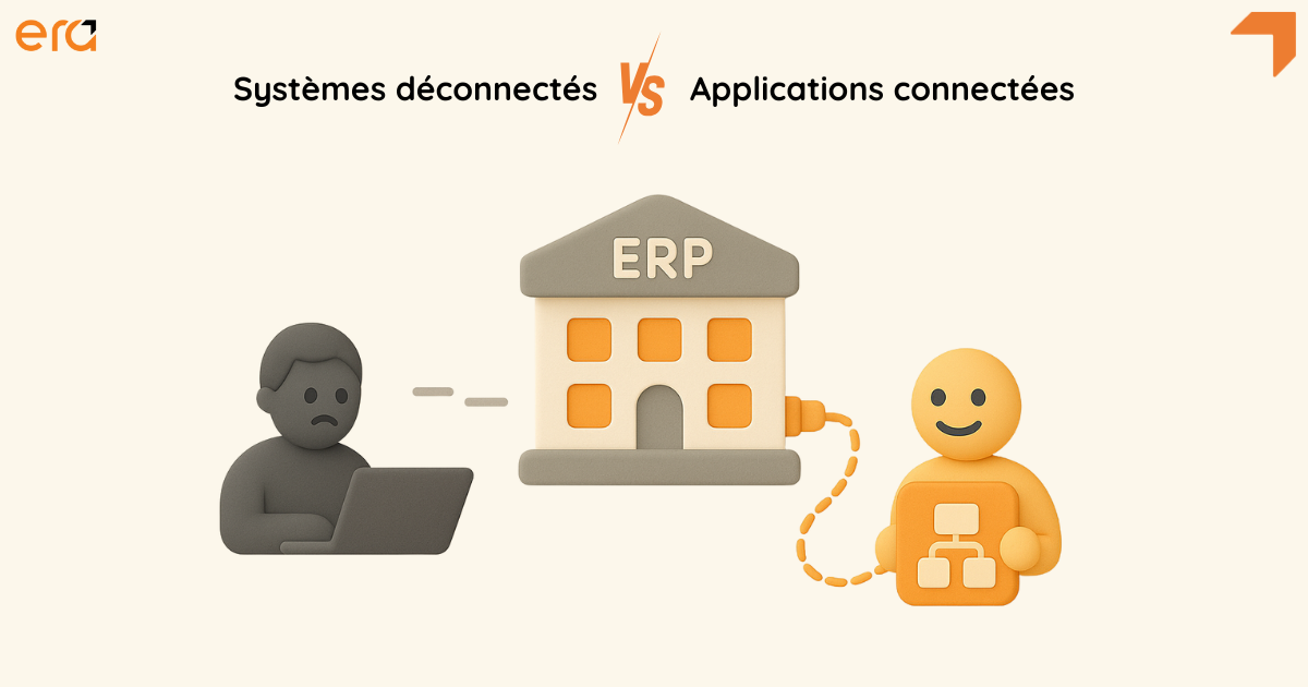 Comparaison visuelle entre un système déconnecté (utilisateur frustré devant un ordinateur) et un ERP connecté à une application métier (utilisateur souriant). Illustration en style 3D argile.