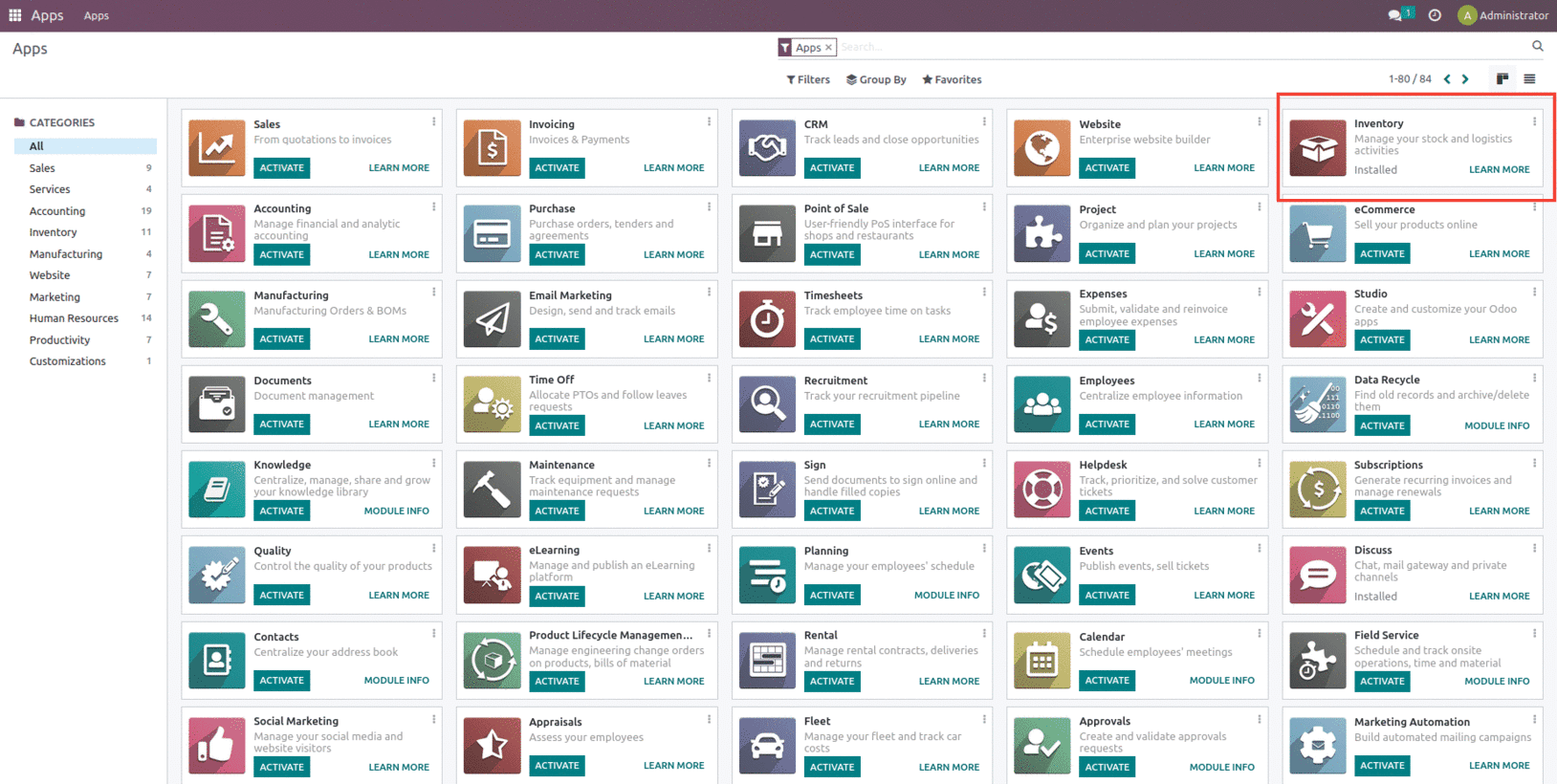 Capture d&rsquo;&eacute;cran d&rsquo;Odoo affichant la page des applications avec la liste des modules disponibles, incluant le module Inventaire mis en &eacute;vidence.
