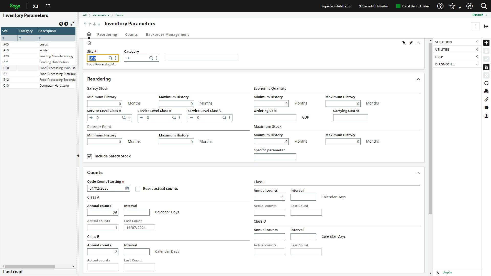 Capture d&rsquo;&eacute;cran de Sage X3 affichant l&rsquo;&eacute;cran des param&egrave;tres d&rsquo;inventaire, incluant le r&eacute;approvisionnement, les niveaux de stock de s&eacute;curit&eacute;, les quantit&eacute;s &eacute;conomiques et la gestion des comptages.