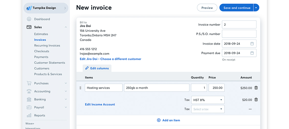 Wave Accounting invoice creation page displaying customer billing details, item entry fields, tax selection, and invoice preview options.